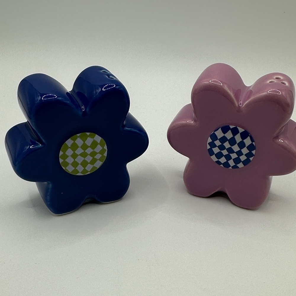 Blue and Pink Flower Shaped Ceramic Salt and Pepper Shakers
